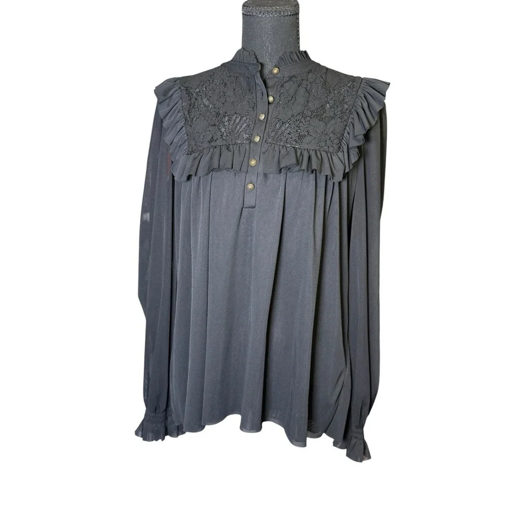 Anthropologie Black Ruffled Longsleeve‎ Romantic Lace Blouse Top L